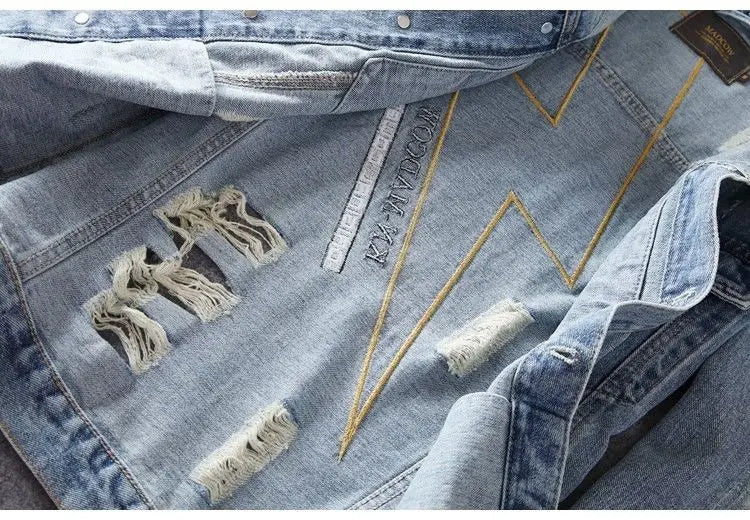 Men's Embroidered Denim Jacket - Retro Ripped Street Style