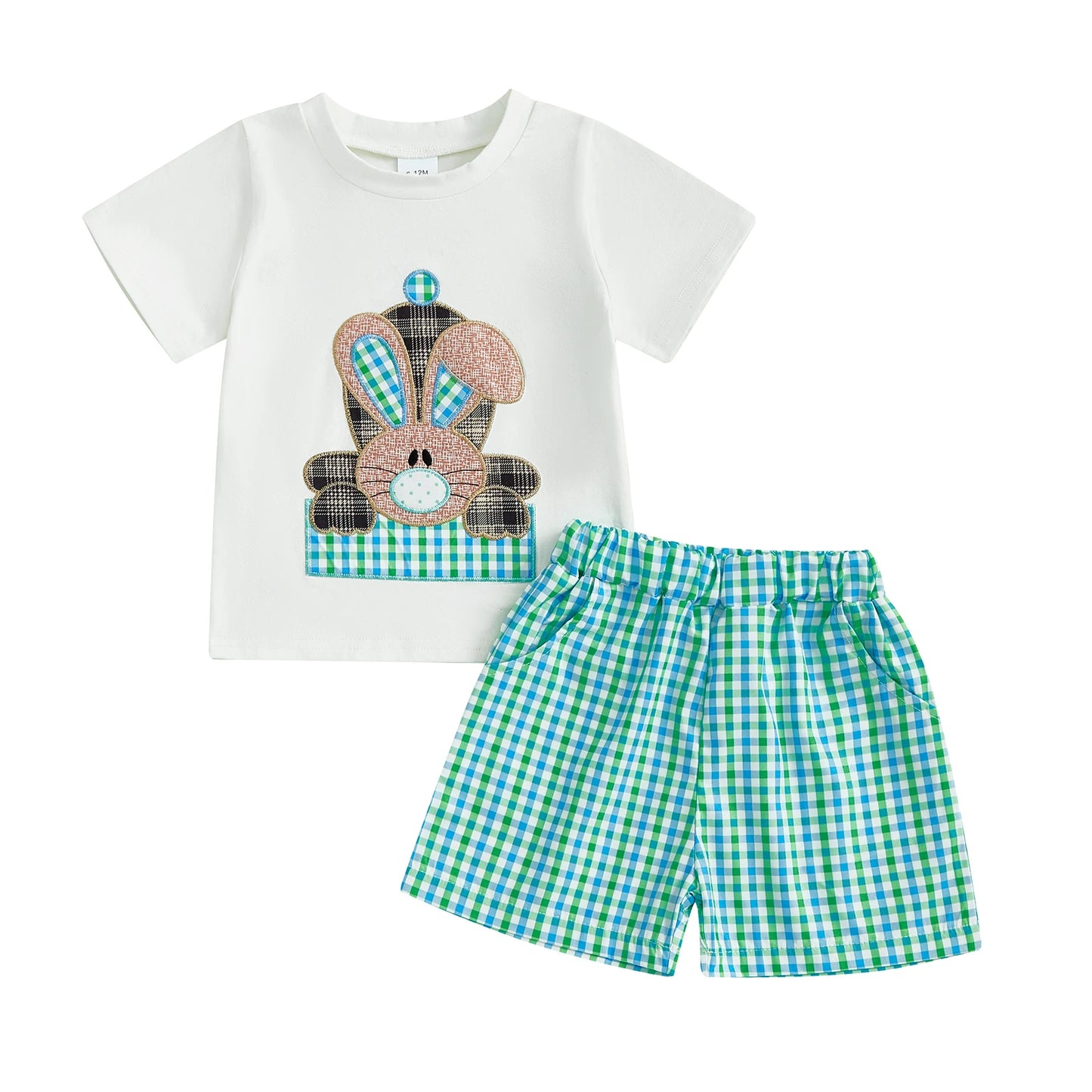 0-4Y Toddler Kids Boys Easter Clothes Set 2pcs Rabbit Embroidery Short Sleeve  Plaid T-Shirt with Elastic Waist Shorts