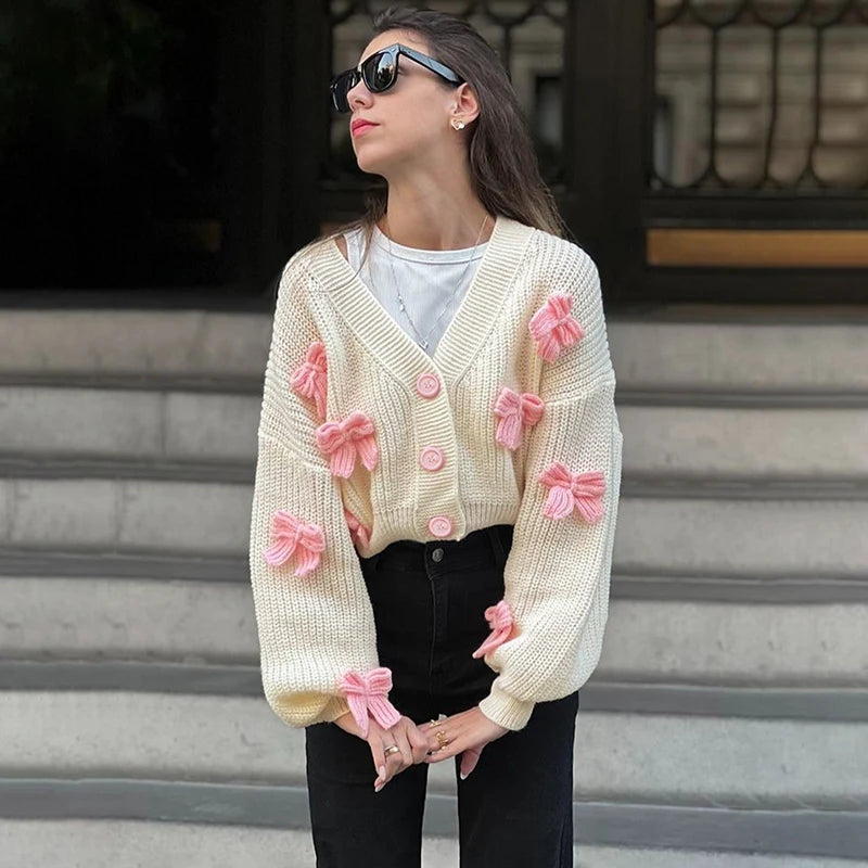 Women's Bows V Neck Long Sleeve Knitted Short Cardigan