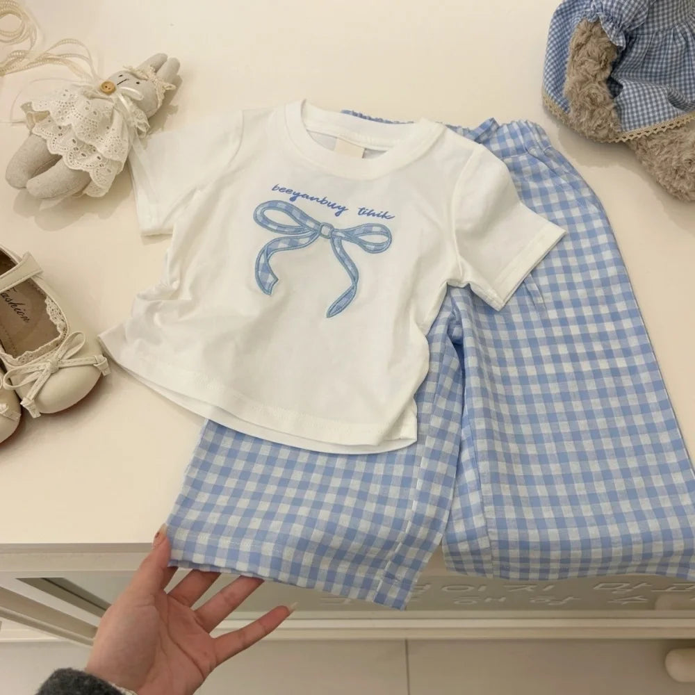 Girls Korean Style Two-Piece Set - Bow Print T-Shirt & Checkered Wide Leg Pants