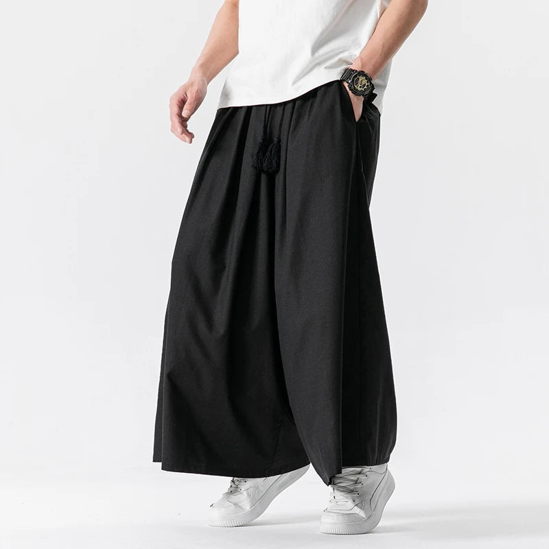 Men's Chinese Style Loose Wide Leg Summer Cotton Linen Casual Trousers
