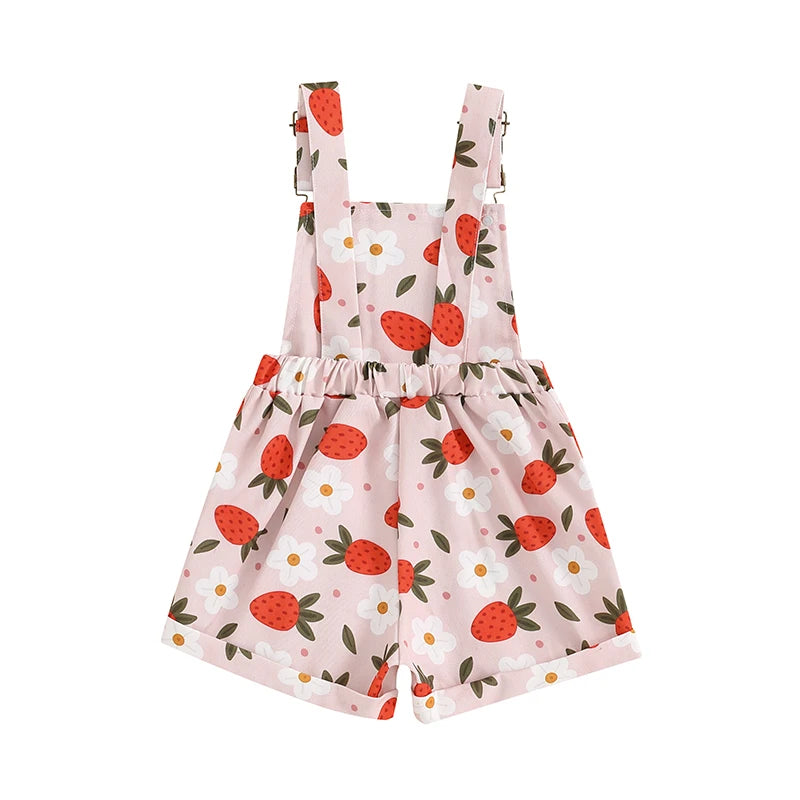 Kids Girls Overalls Shorts 0-6Y Sleeveless Straps Strawberry/Flower Print Denim Button Pocket Jumpsuit