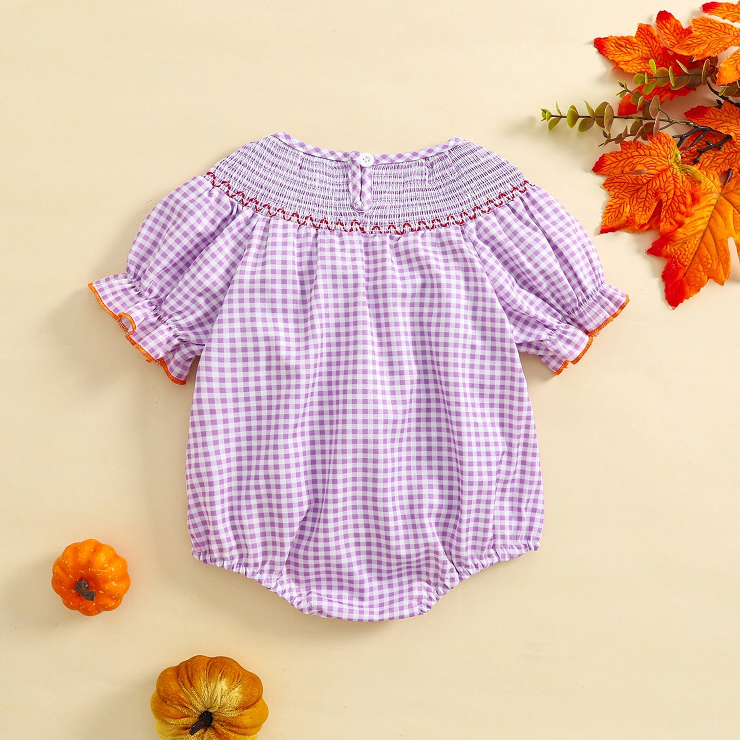 0-3Y Baby Girls Boys Romper Pumpkin Embroidered Plaid Print Short Sleeve Ruffled Jumpsuits