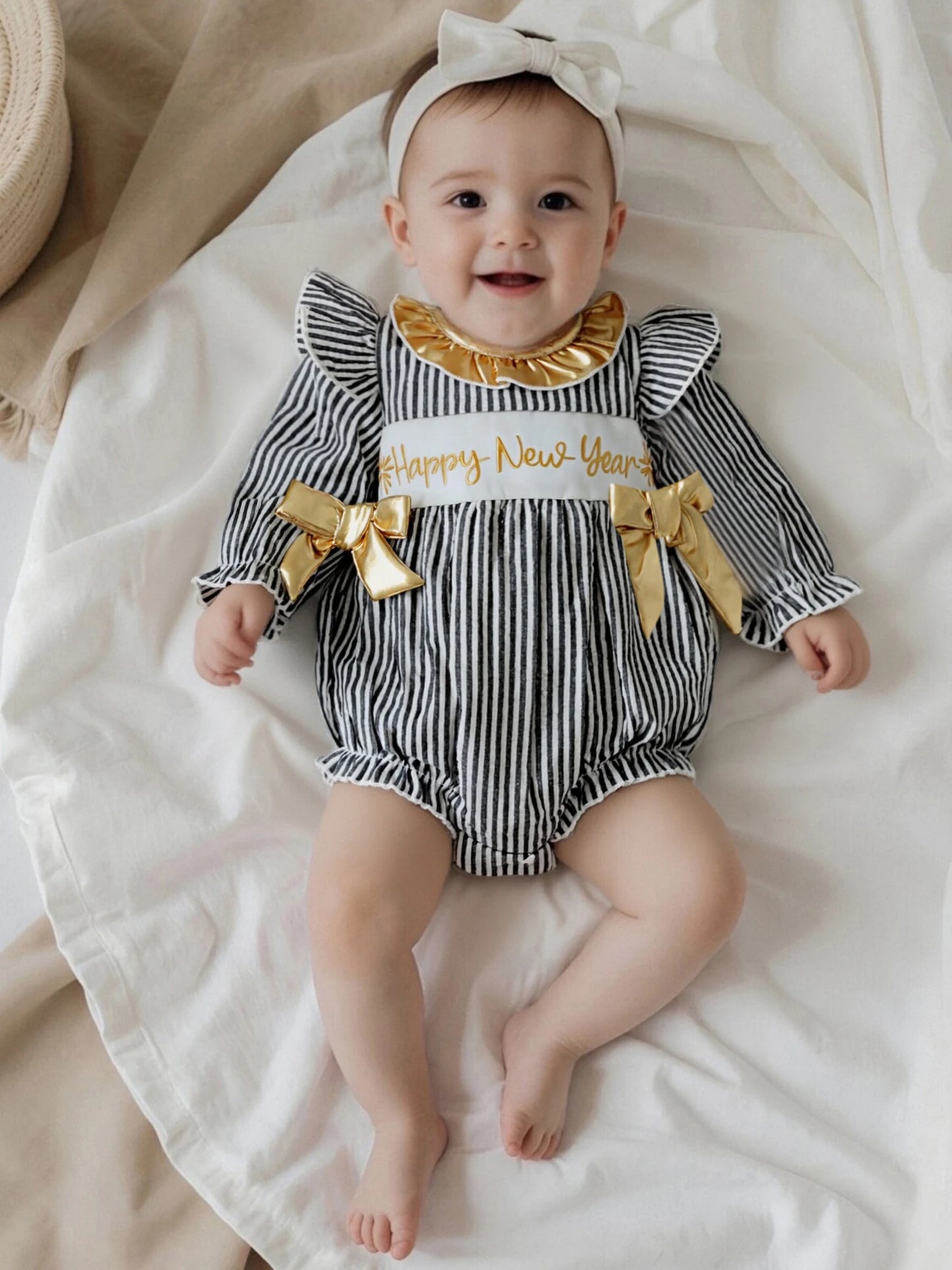 Baby Girls New Year Romper - Stripe Print Letter Embroidery Ruffled Jumpsuit