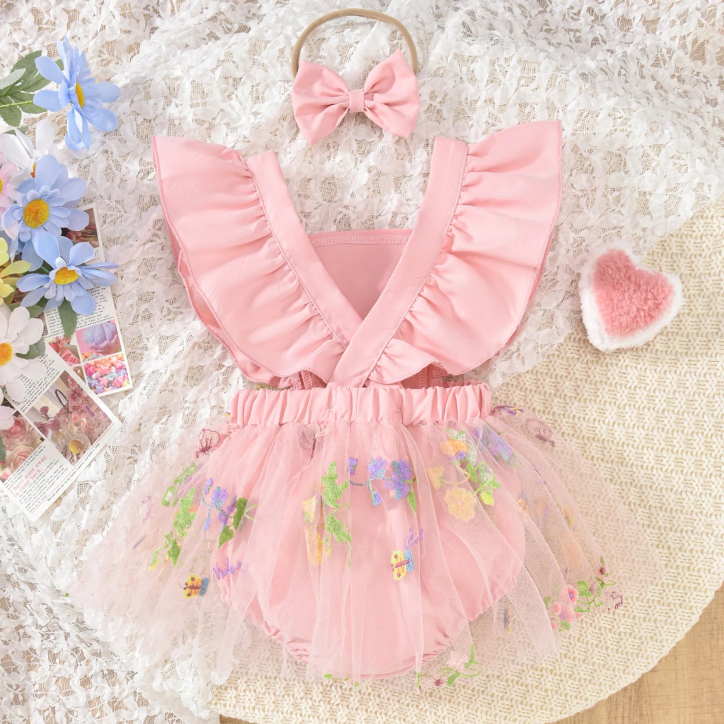 Baby Girls Romper Dress Set - Ruffles Fly Sleeve Flower Embroidery Tulle Jumpsuit