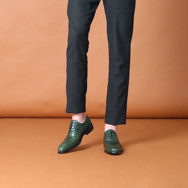 Crocodile Pattern Square Toe Brogue Leather Oxford Shoes