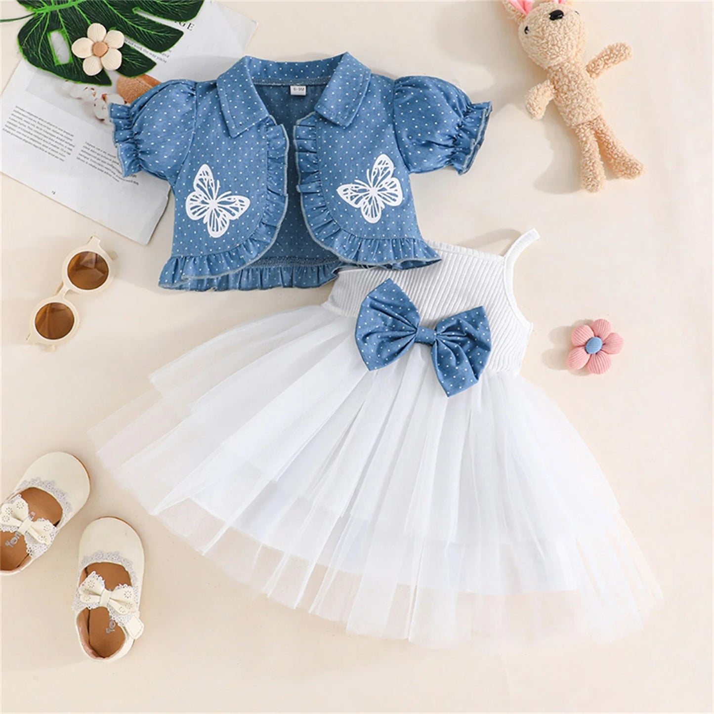 0-4Y Toddler Little Girls Summer Clothes Sets Butterfly Print Short Puff Sleeve Cardigan Tulle Strap Bow A Line Dress