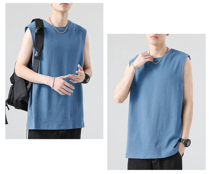 Men's Summer Cotton Sleeveless Loose Vest Sports Comfortable Breathable Round-Neck Tank Top