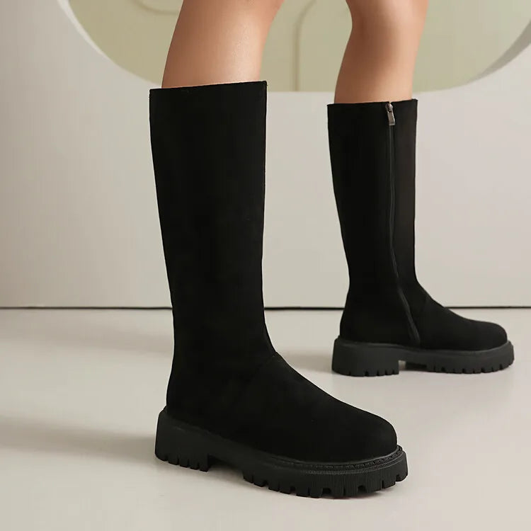 Faux Suede Ankle Boots - 5cm Flat Heel with Belt Buckle Detail