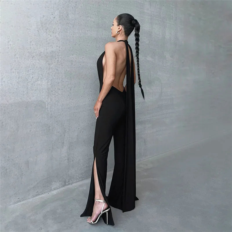 Women's Deep V Wrap Around Halter Backless Flare Pants Jumpsuit -  One-Piece Rompers Overalls