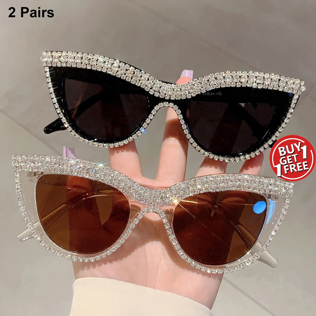 2 Pairs Vintage Cat Eye Sunglasses with Rhinestones Women Fashion Decor Shades Trendy Outdoor Sunglasses