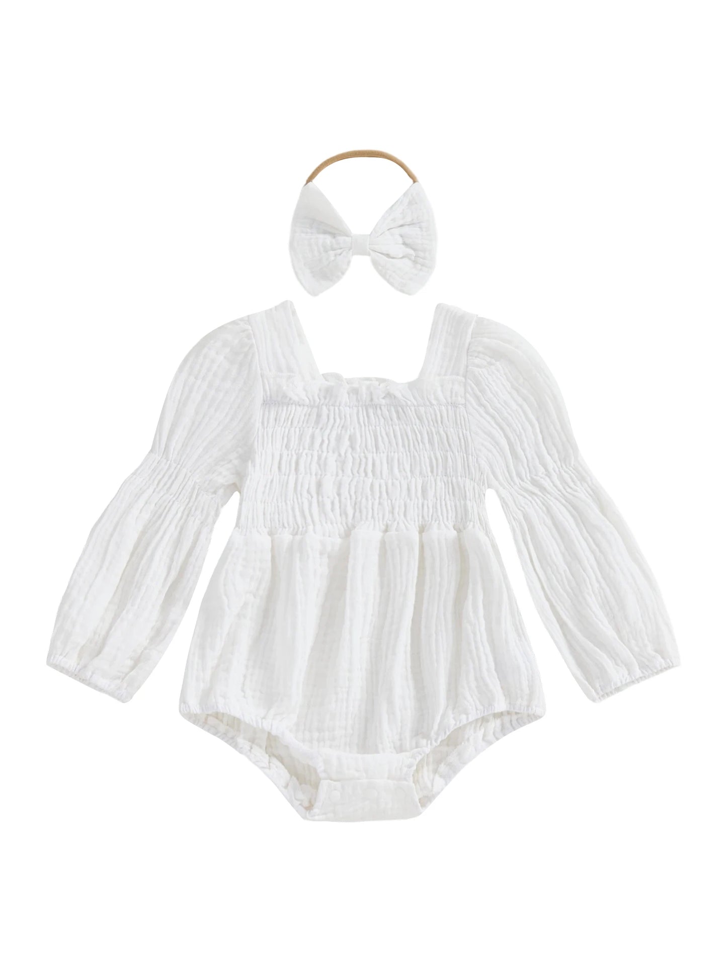 Baby Romper Set - Long Sleeve Smocked Jumpsuit with Headband