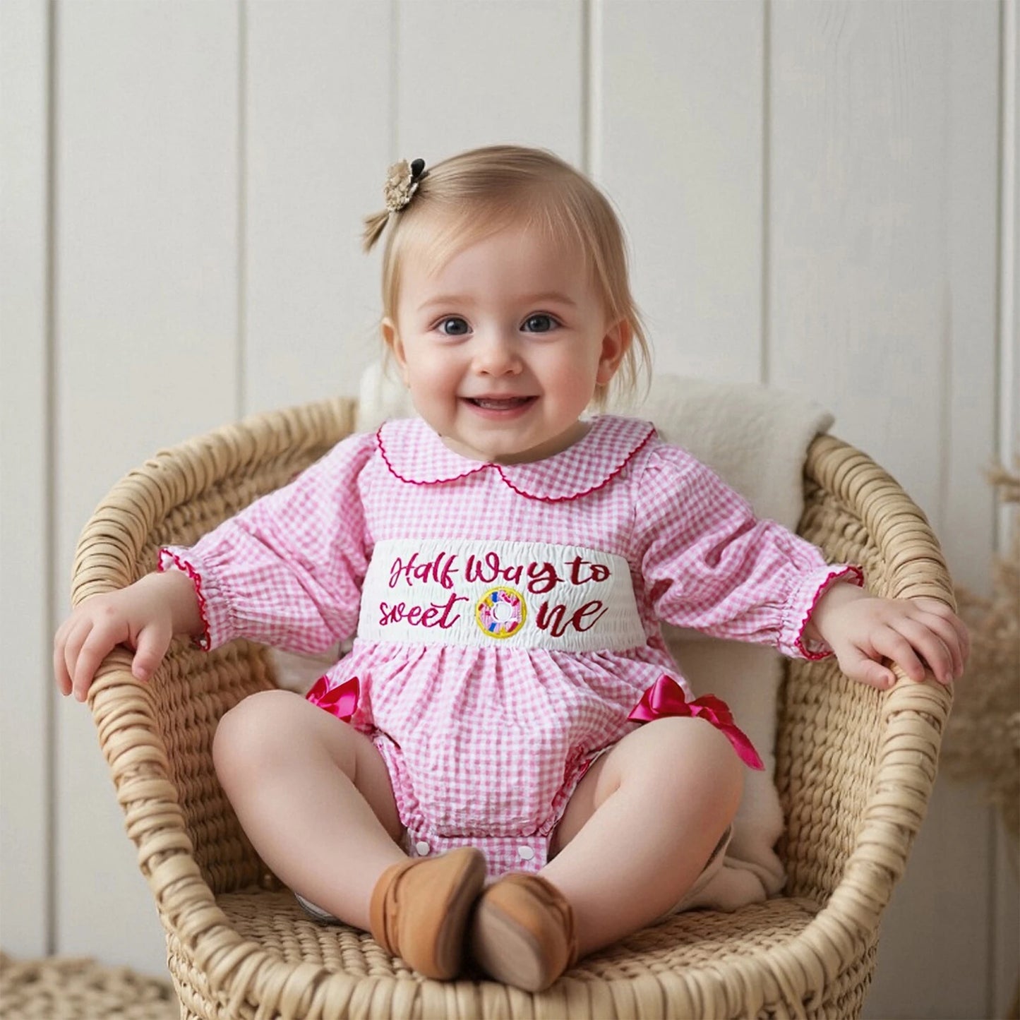 Newborn Baby Girls' Plaid Bubble Romper - Letter Embroidery Doll Collar Smocked Jumpsuit