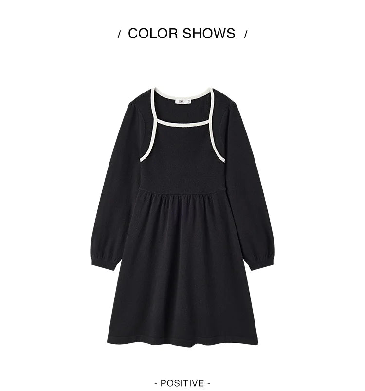 Women's Color Block Knit Dress - Square Neck French Style Slim Fit Winter 2025