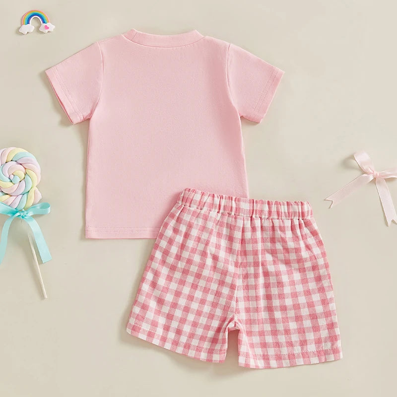 0-4Y Kids Girls Summer Clothes Sets 2pcs Outfits Short Sleeve Letter Bow Embroidery T Shirts Plaid Shorts Sets