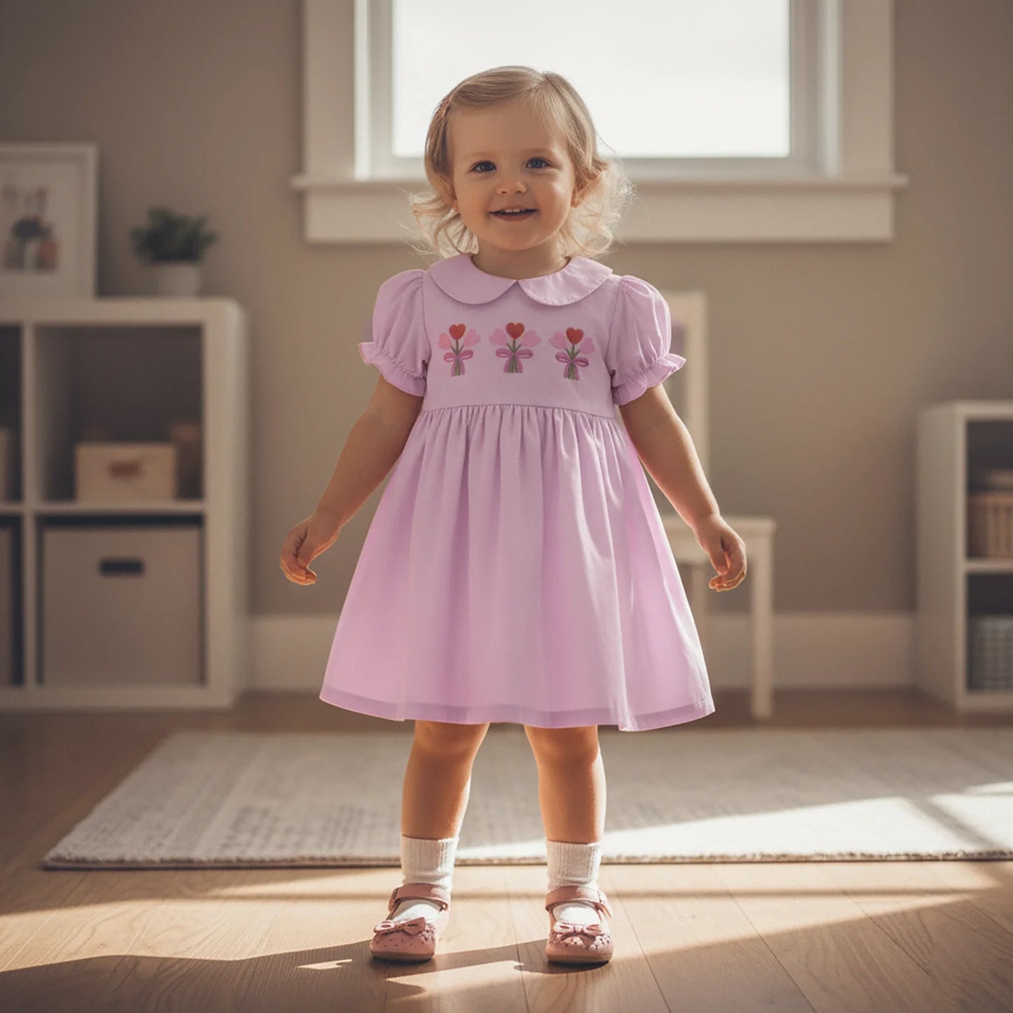 Girls Princess A-Line Dress - Floral Embroidery Doll Collar Short Sleeve