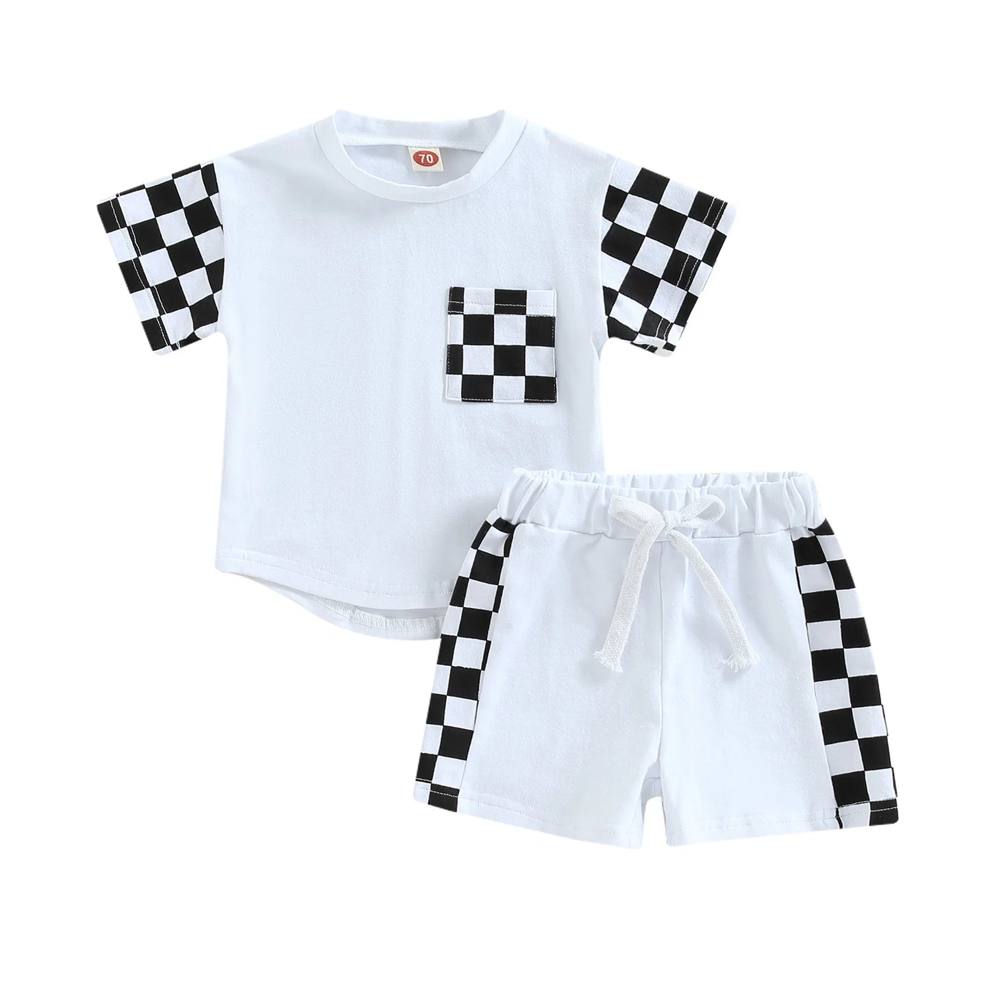 0-3Y Toddler Baby Boy Summer Clothes Sets Plaid Patchwork Short Sleeve Pocket T-Shirt and Elastic Waist Shorts
