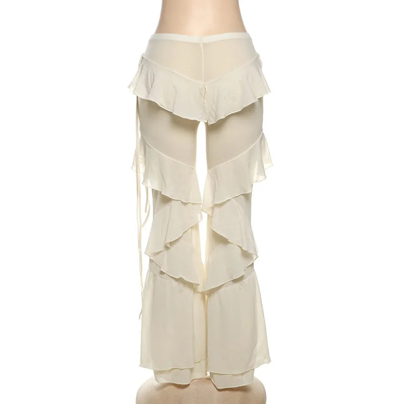 Women's Ruffled Tie Detail Flared Pants - Mesh Sheer Stretch Trousers