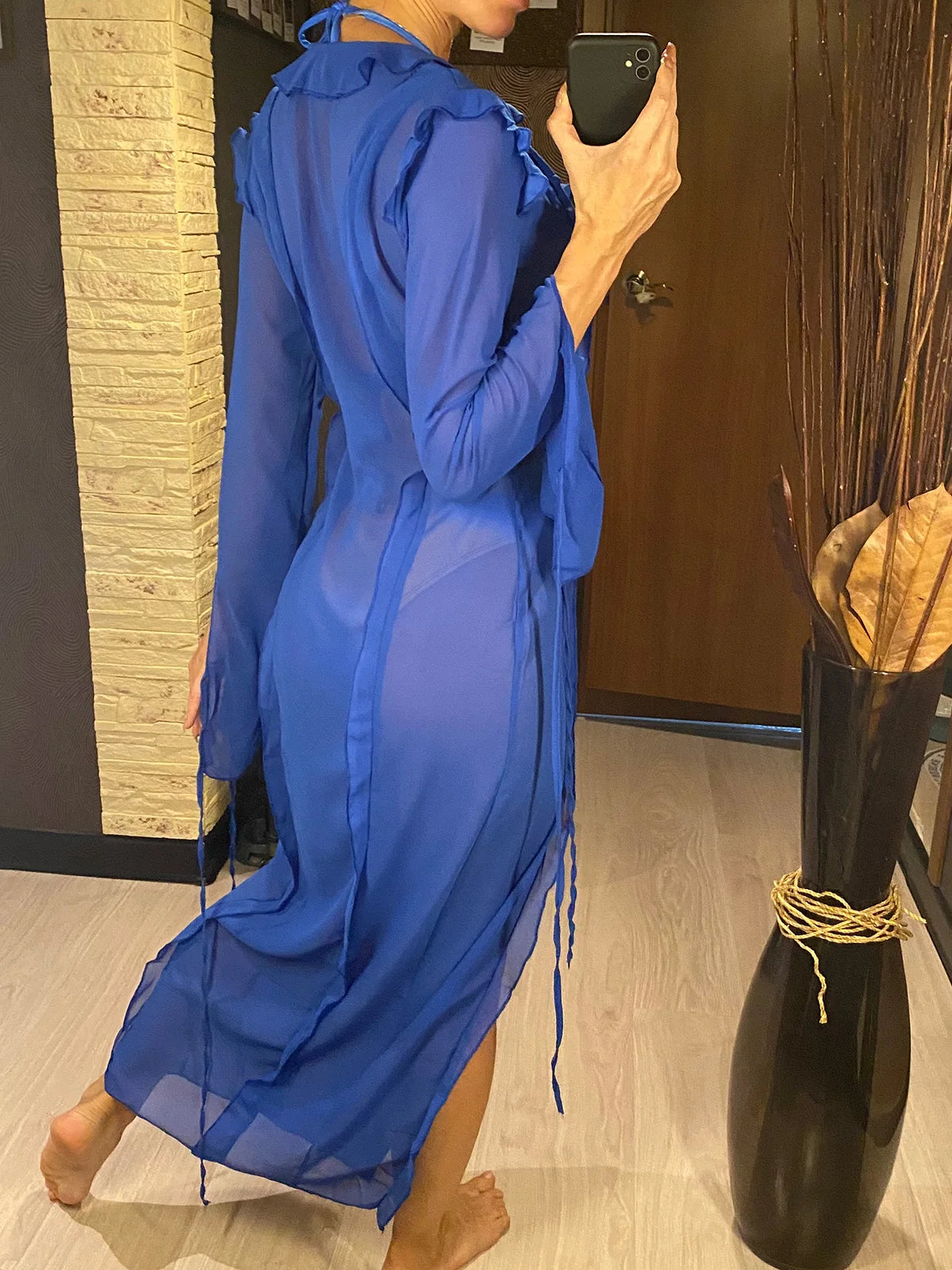 Women's Deep V-Neck High Split Ruffle Beach Cover-Up Maxi Dress