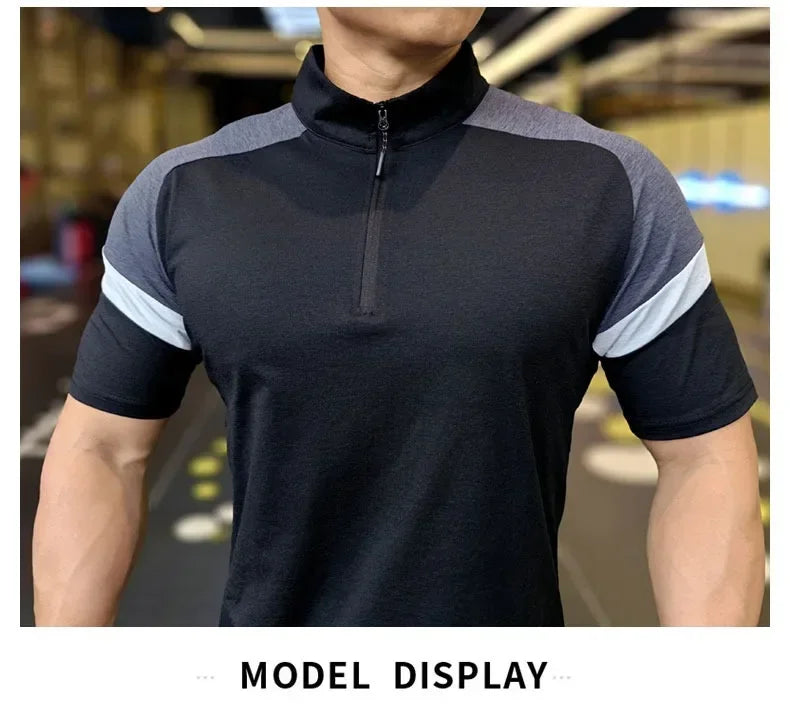 Men's Fitness Running Half Zip Training High Elasticity Muscle T-Shirt