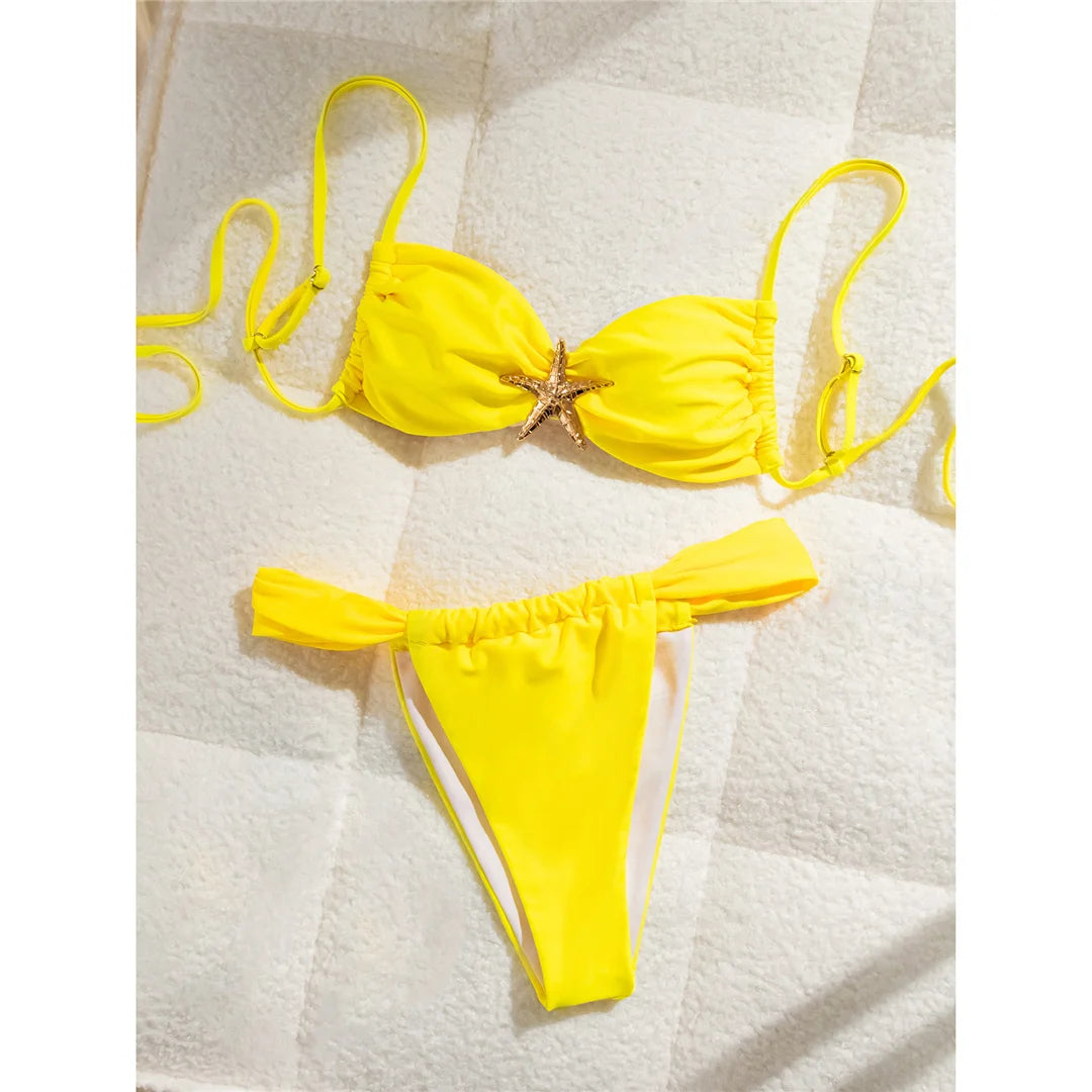 Women's Metal Star High Cut Leg Bikini  Swimsuit Swimwear Two-pieces Bikini Set