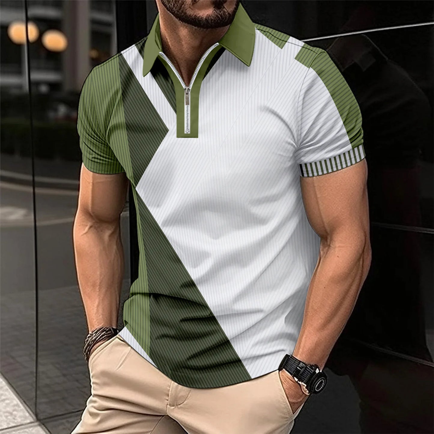 Men's Summer Print Patchwork Turn Down Collar Short Sleeve Sports Casual Polo  Zipper Shirt