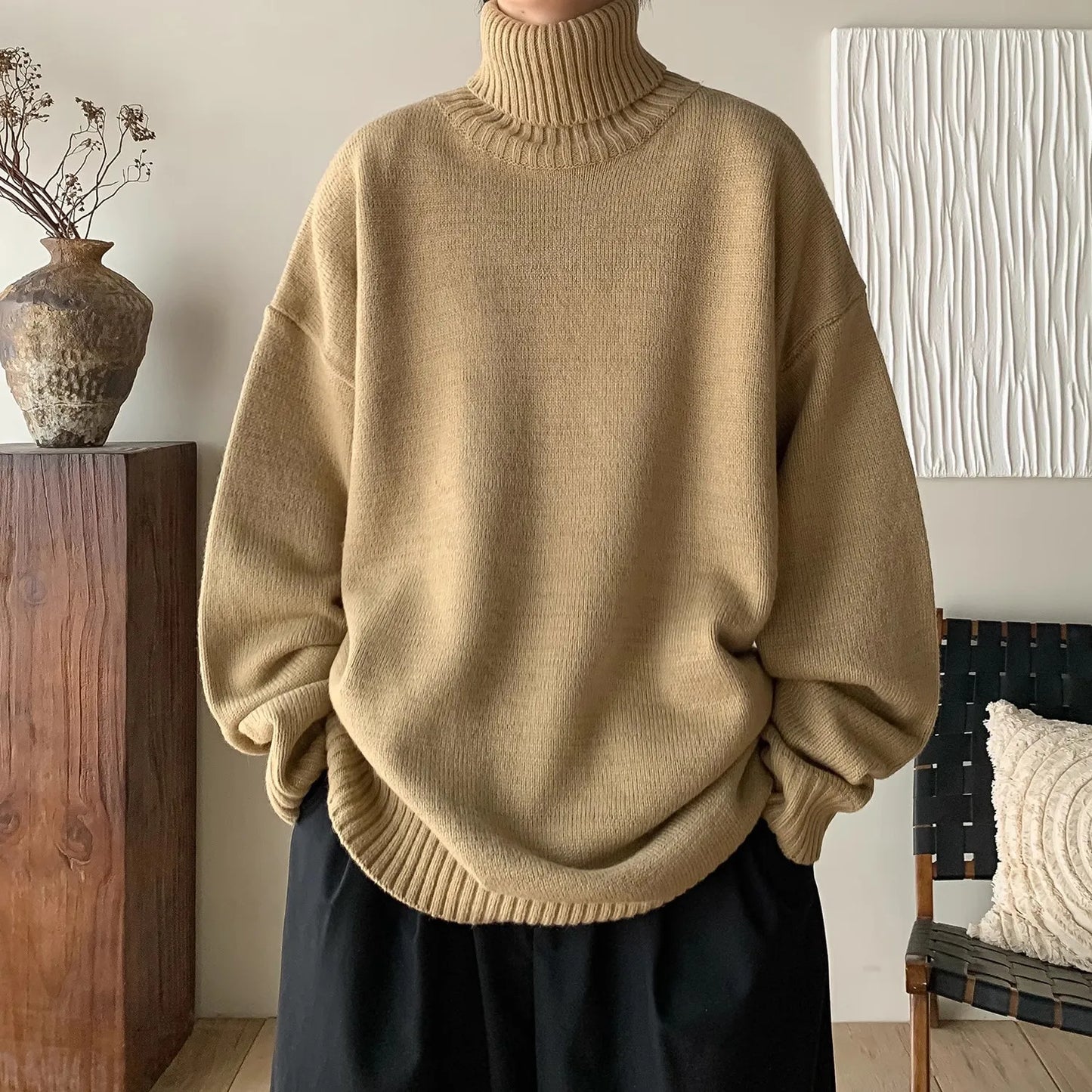 Men's Loose Turtleneck Knit Pullover Warm Knitted Sweater