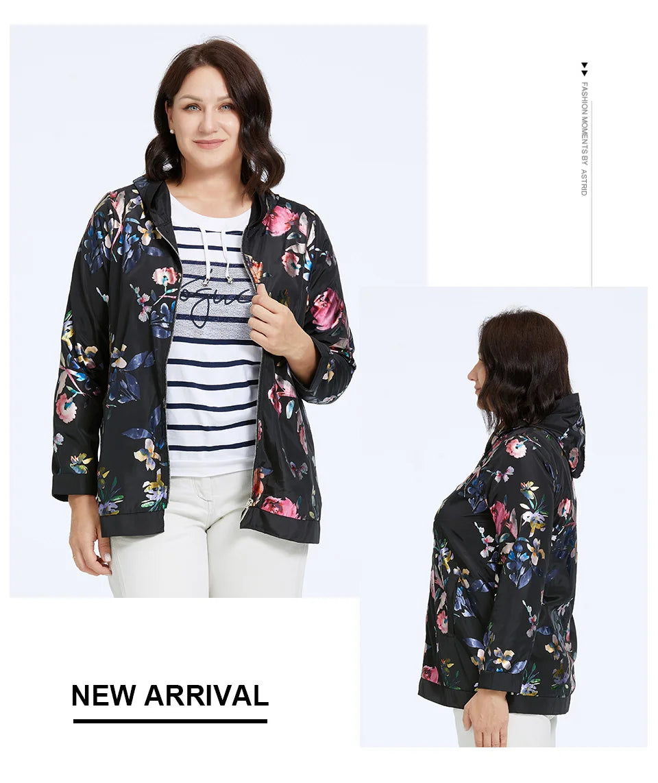 Women's Oversized Hooded Flower Print Zip Windbreaker Jacket