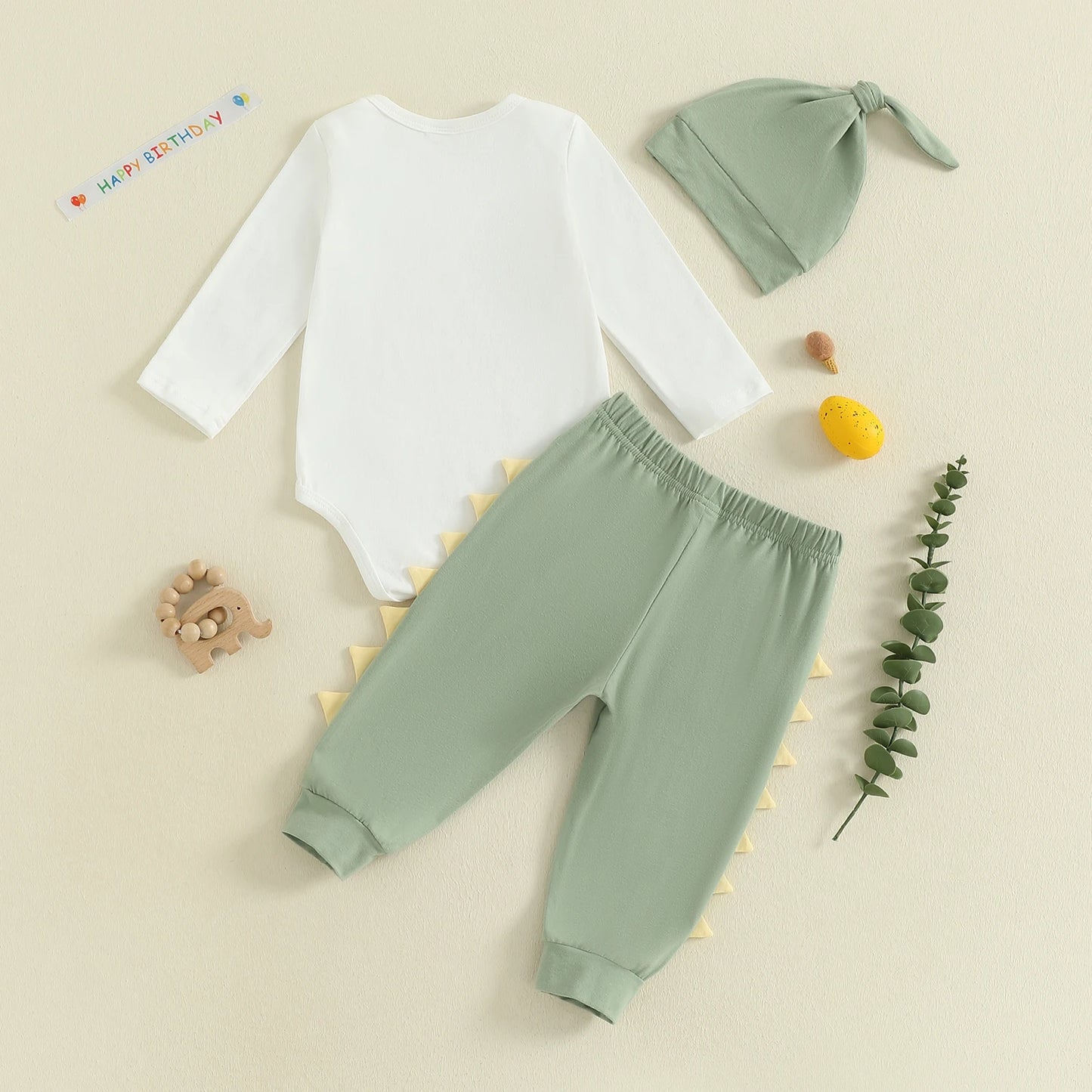 Baby Boys Dinosaur Outfit Set - 3-Piece Long Sleeve Romper, Pants & Hat (0-24M)