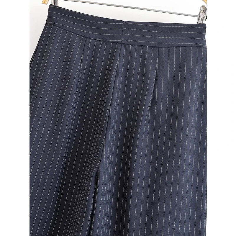 Vintage Striped Pleated Wide Leg Pants - High Waist Office Casual Trousers