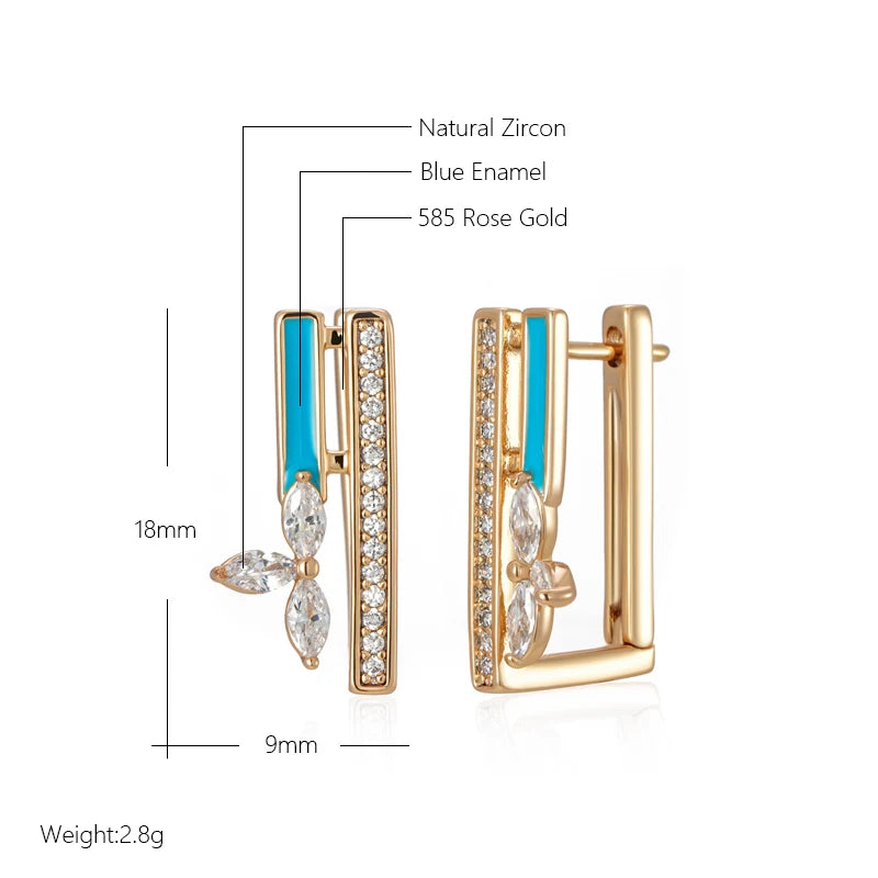 Women's Natural Zircon585 Rose Gold Colour Blue Enamel Drop Earrings