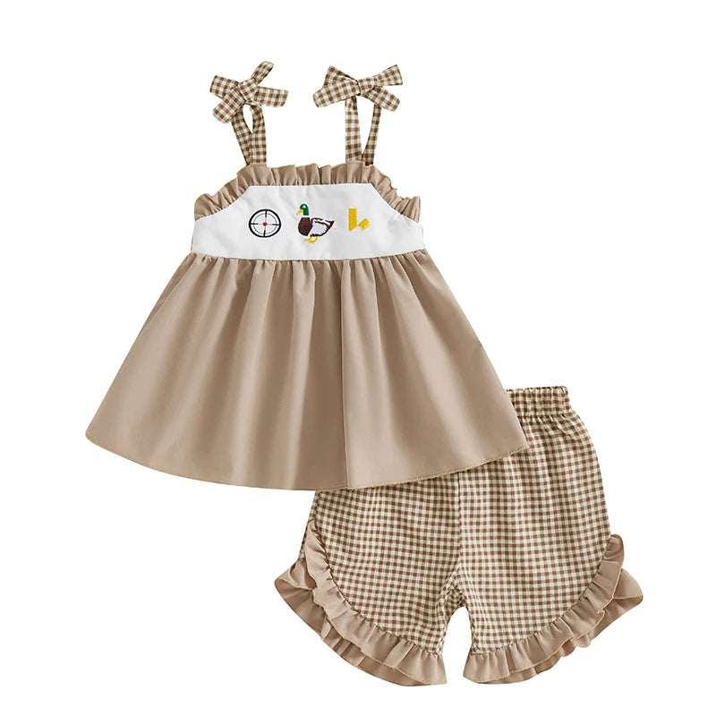 3-7Y Toddler Kids Girls  Clothes Set 2pcs Sleeveless Tie-up Duck Embroidery Camisole with Ruffled Plaid Shorts