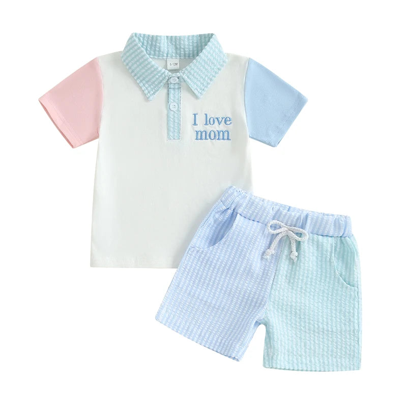 Toddler Boys Casual Outfit Set - Letter Embroidery Polo T-Shirt with Stripe Shorts