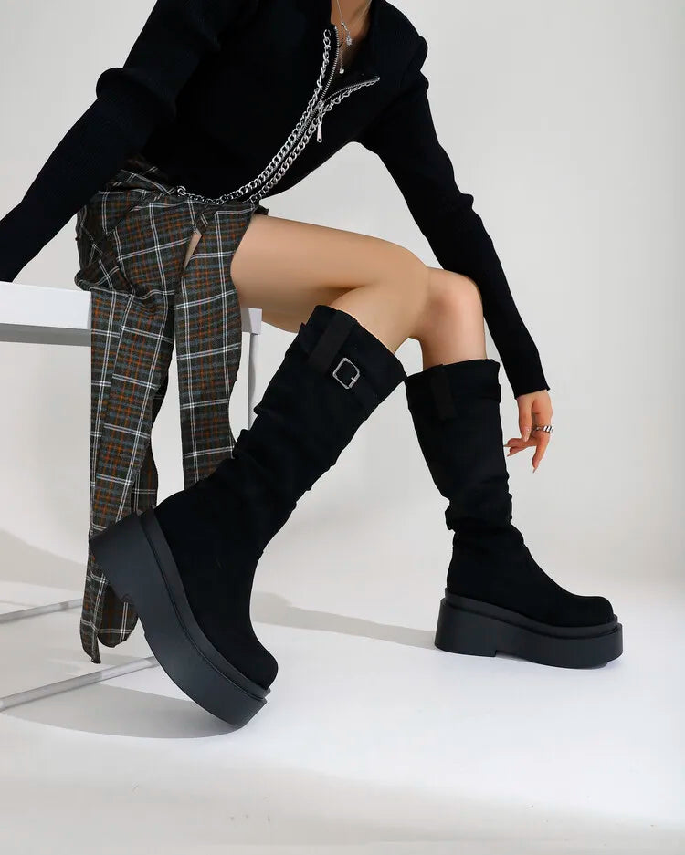 Women's Suede  Round Toe Knee High Buckle Pleats Boots