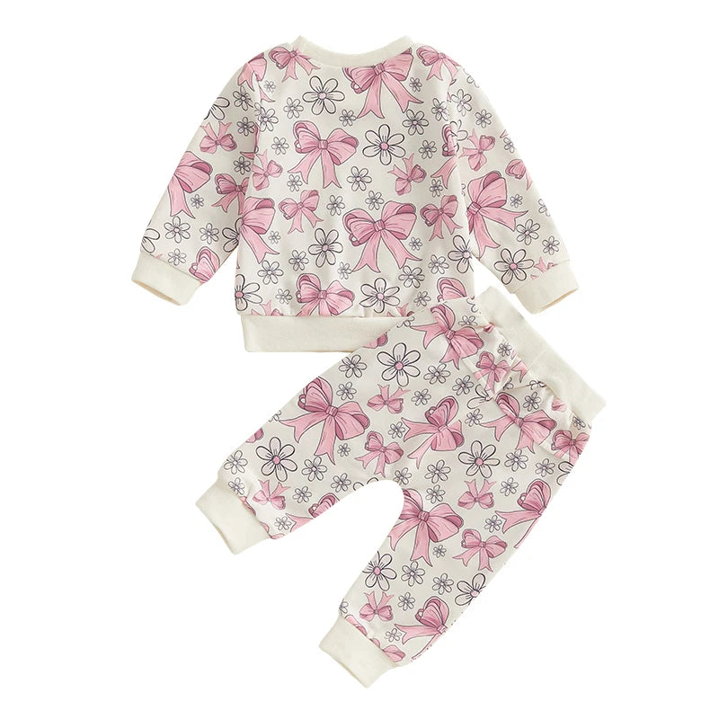 0-3Y Toddler Baby Girls Fall Clothes Sets 2pcs Bow Flower Print Long Sleeve Sweatshirt Elastic Waist Pants