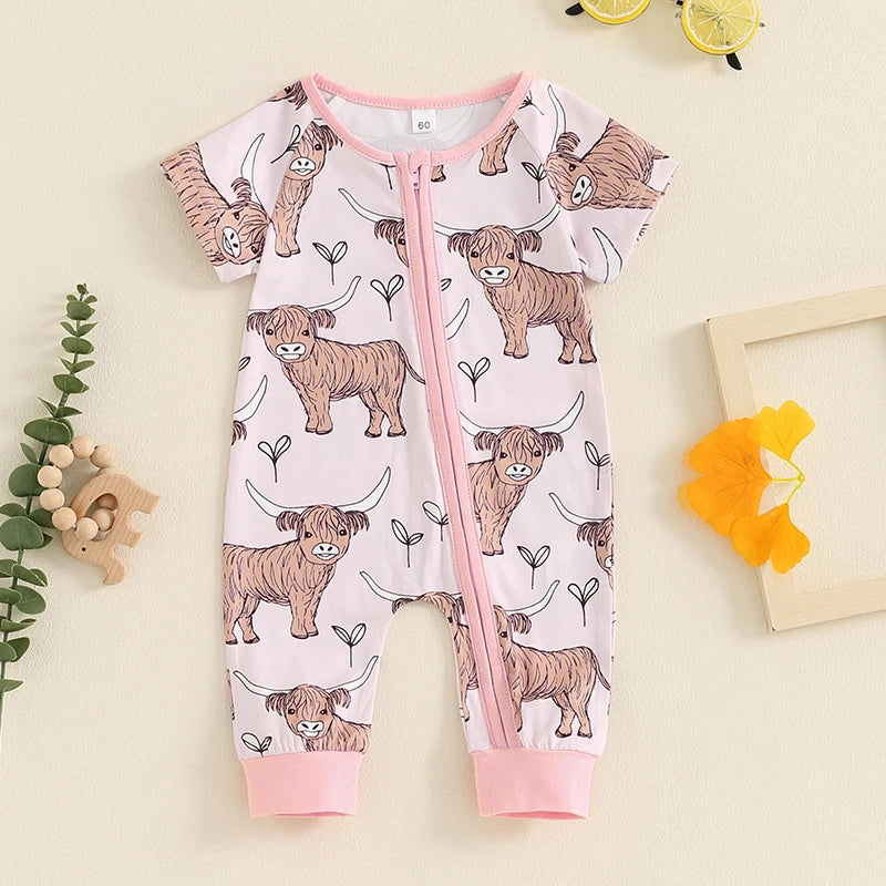 0-18M Infant Baby Girls Boys Western Romper Cow Cattle Print Short Sleeve Zip-Up Toddler Jumpsuits Clothes