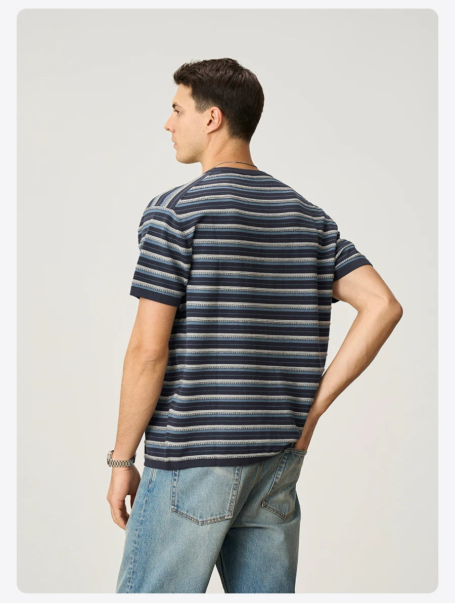 Men's Premium Knitted Striped T-Shirt - 14 Gauge Jacquard Regular Fit