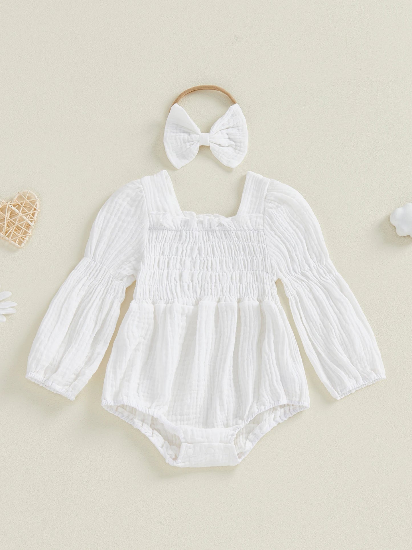 Baby Romper Set - Long Sleeve Smocked Jumpsuit with Headband