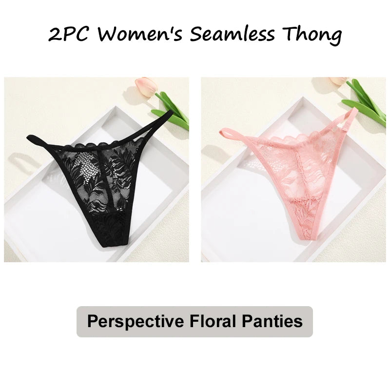 Floral Lace Thong Underwear - Low Waist Transparent Briefs for Women