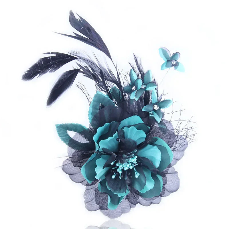Fabric Flower Brooch with Feather - Elegant Cloth Art Corsage Lapel Pin