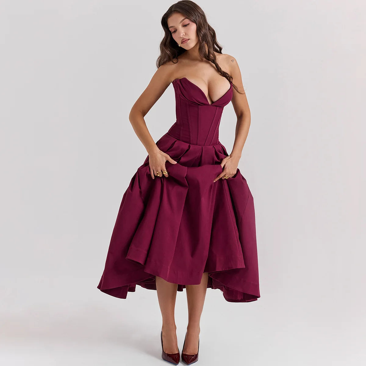 Strapless V Bar Slinky Midi Dress  Outfit - Women Frill Hem Sleeveless Corset Dress