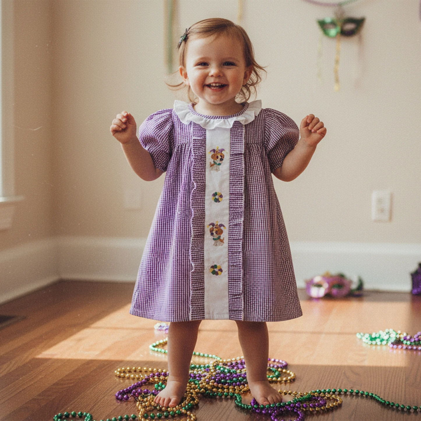 Girls Plaid A-Line Dress - Cartoon Embroidered Ruffle Trim Short Sleeve