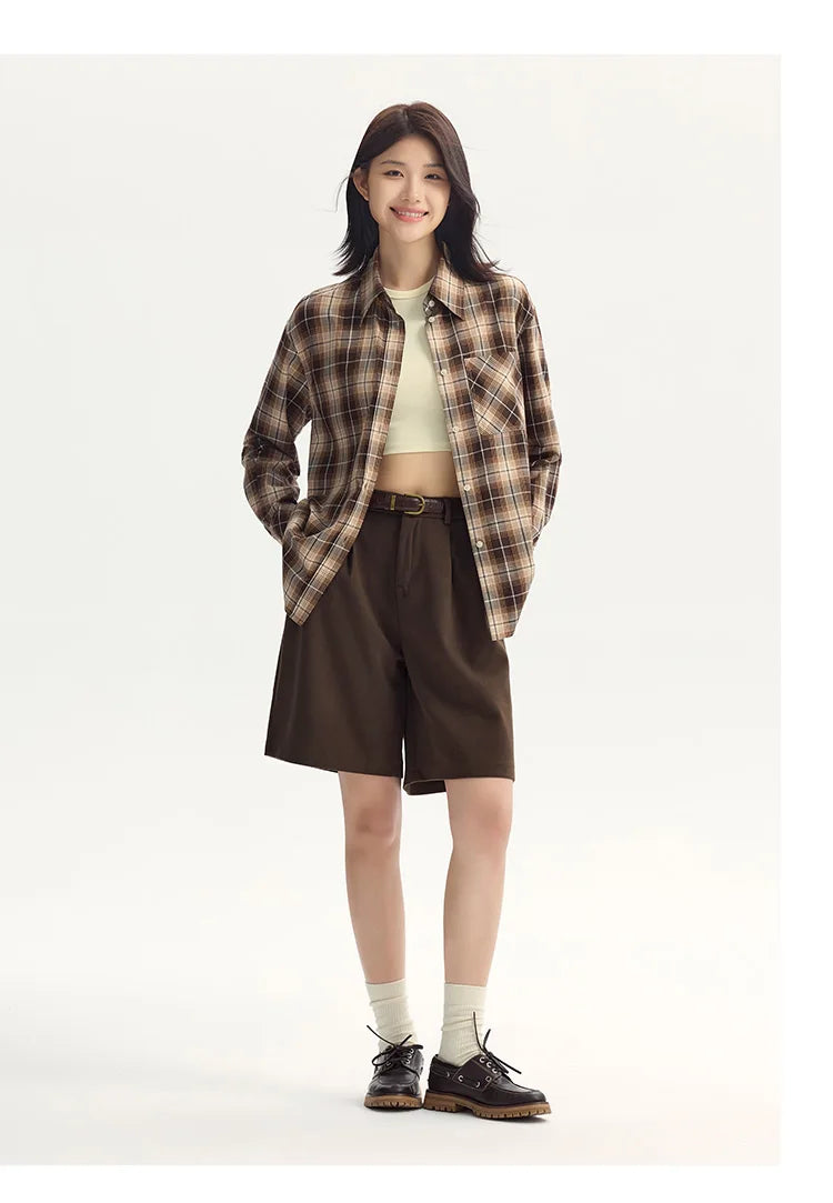 Oversized Drop Shoulder Plaid Shirt Loose Retro Casual Stylish Top