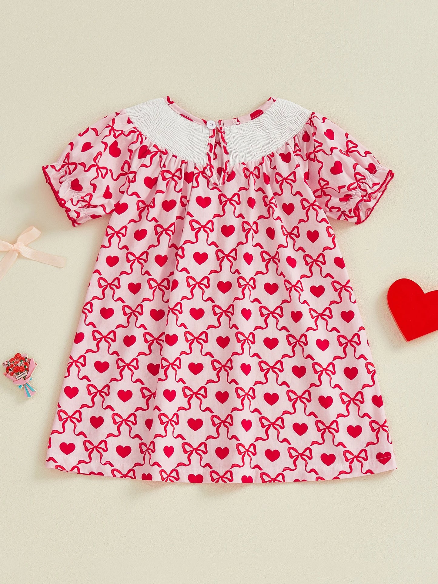 Little Girls Valentine's Day Short Sleeve Heart Embroidery Print A-Line Dress