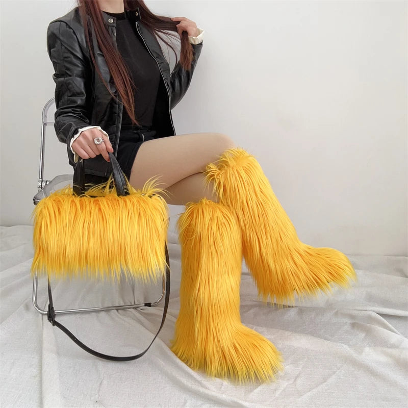 Winter Women Faux Fur Boots And Bag Set - Fluffy Warm Snow Boots Cute Tote Fur Handbag and Platform Plush Boots