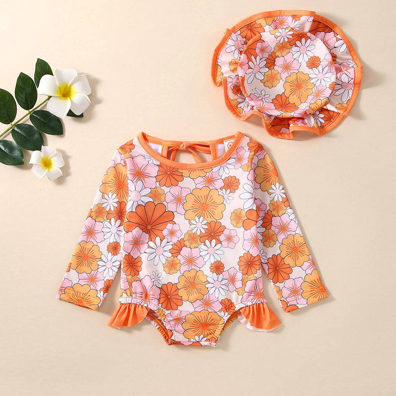 1-5Y Kids Girls Swimsuit 2pcs Floral Print Tie-Up Hollow-Out Long Sleeve Swimsuit with Swim Cap