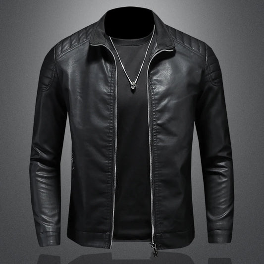 Men's Slim Fit Faux Leather Biker Jacket with Chain Detail | Stand Collar | 2 Colours | M–4XL