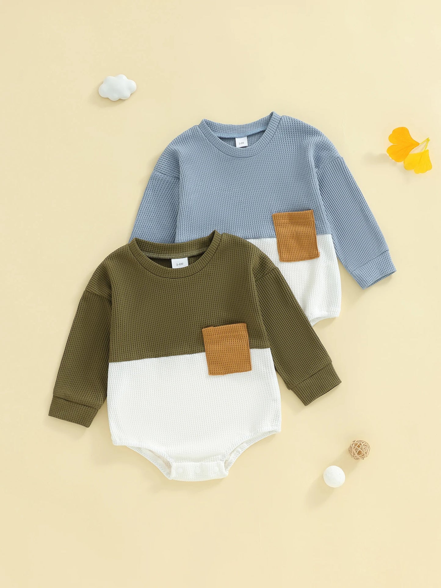 Baby Boys Bubble Romper - Contrast Color Long Sleeve Jumpsuit for Autumn Winter (0-18M)