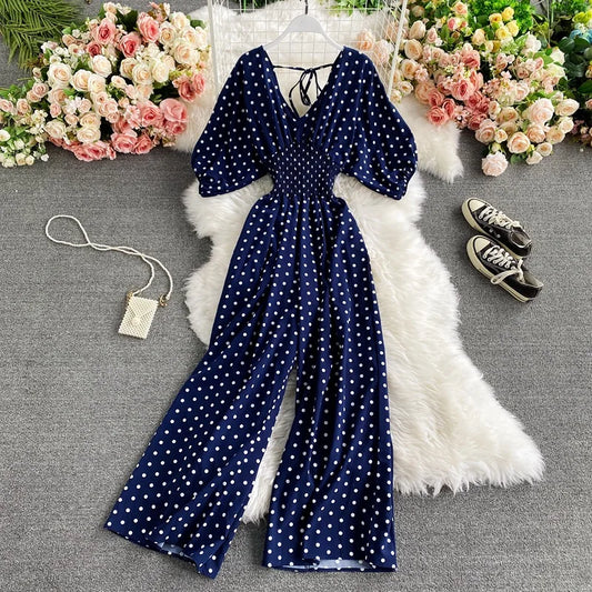 Women's V-Neck Polka Dot Jumpsuit - Wide Leg Trousers with Dolman Sleeves