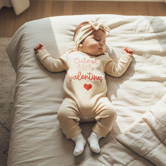 Newborn Baby Valentine's Day Romper with Headband - Heart Print Ribbed Long Sleeve Jumpsuit